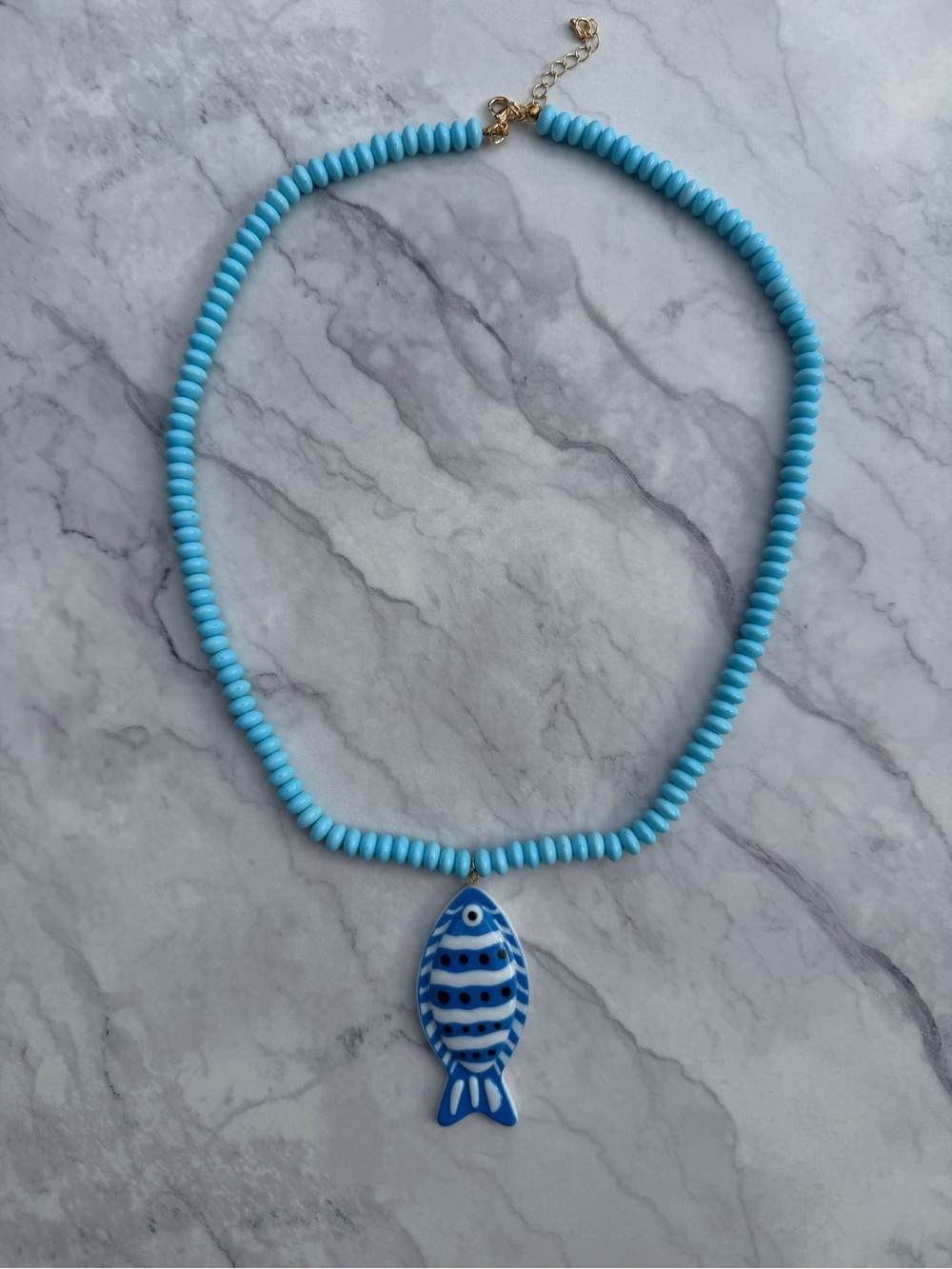 Handmade Blue Beaded Necklace with Fish Pendant